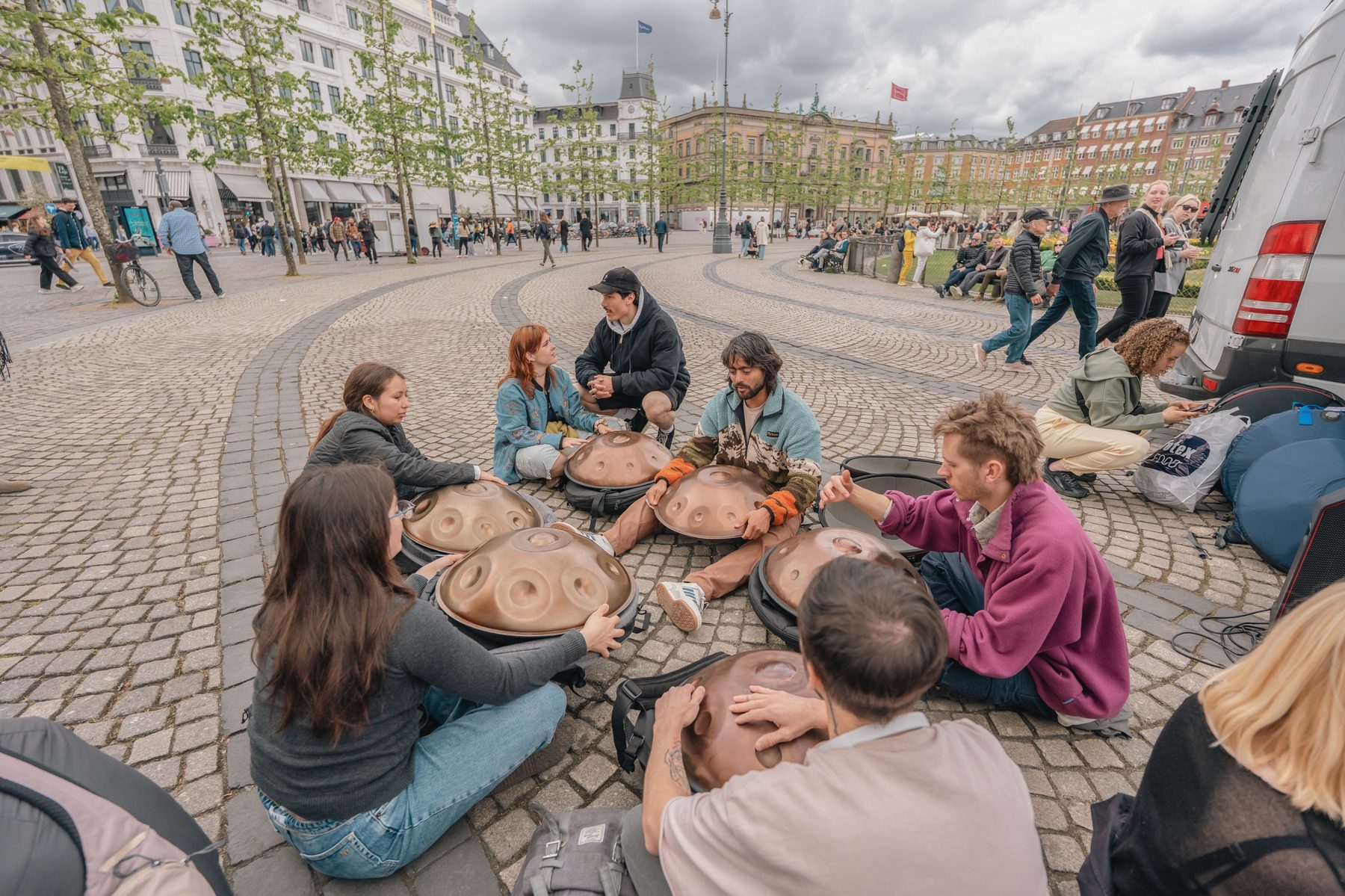 Group sharing music at a Handpan Brussels event